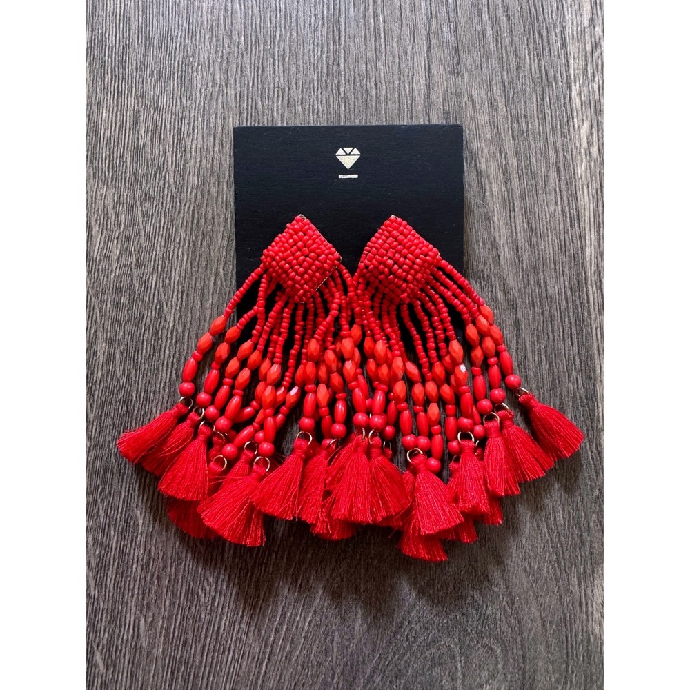 BaubleBar Beaded Large Tassel Drop Earrings Bright Red Statement Fringe NEW